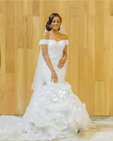White Organza 2018 Off Shoulder Vestito Da Sposa African Princess Beach Wedding Dresses Mermaid Sweetheart Drop Waist bridal Gowns H002