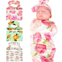 Newborn Baby Swaddles Blankets Wraps + Bunny Ears Headbands 2 Pieces Set Swaddlling Photo Wrap Cloth Floral Flower Nursery Bedding D3510