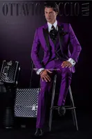 Customize Popular One Button Peak Lapel Purple Wedding Groom Tuxedos Men Suits Wedding/Prom/Dinner Best Man Blazer(Jacket+Tie+Vest+Pants)