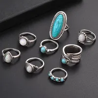 8 pçs / set prata turquesa anéis de opala definir anel de pedras preciosas naturais mulheres moda jóias