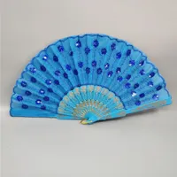 10pcs Colorful Ladies Sequins Hand Fans Wedding Favor Embroidered Flower Folding Fan Peacock Feather Shape Wedding Party Souvenir Gift