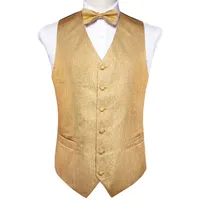 Fast Shipping Novelty Men&#039;s Gold Plain Solid Silk Jacquard Waistcoat Vest Bow Tie Pocket Square Cufflinks Set Fashion Party Wedding MJ-0122