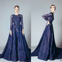 2020 Vintage Ellie Saab Evening Dresses Navy Blue Ruffles Beaded Appliques Lace Prom Klänning Långärmade Dubai Arabiska Evening Gowns Vestidos