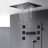 バスルームブラックシャワーセット高級サーモスタット蛇口モダンな大きなLEDの天井滝降雨シャワーヘッド600x800mm +ボディマッサージジェット