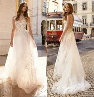 2019 Gali Karten Beach Bröllopsklänningar Bateau Neck Lace Appliques A Line Backless Sweep Train Boho Bridal Gowns Custom Cheap Wedding Dress