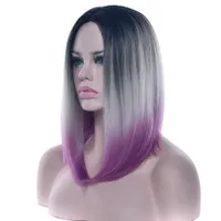 Soowee Hair Short Bob Wigs 12 Colors Synthetic Hair Black To Gray Purple Ombre For Women Straight Headwear Cosplay Wig