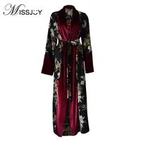 Missjoy Open Abaya Maxi Velvet Sukienka Kobiety Dubaj Kaftan Odzież 2018 Cardigans Długi Rękaw Kwiat Drukowane Islamskie Muzułmanie Kimono