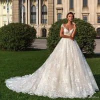 Elegante Rendas Apliques de Casamento Do Jardim Vestidos 2019 Formal Longo Capela Trem Vestidos de Noiva Sob Encomenda Sheer Vestidos De Mariee