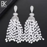 Godki Luxus Nachahmung Perlen Quasten Lange Baumeln Ohrringe Für Frauen Hochzeit Kubikzircon Dubai Braut Silber Ohrringe 2018 J190718