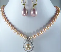 Jewelryr Pérola Set atacado noblest 8mm 17 "rosa shell colar de pérolas + design agradável 12mm pingente de colar brincos set # s00 Frete Grátis