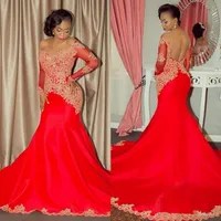 Plus Size Afrikaanse rode zeemeermin formele jurken avond met kant applique lange mouwen sexy backless prom feestjurken