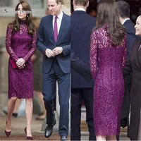 Purple Sheath Knee Length Lace High Neck Long Sleeves Formal Women Wear Elegant Celebrity Party Dresses