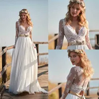 Vintage Chiffon mangas compridas vestidos de casamento de praia 2019 V Neck Vestidos de noiva A linha vestidos de festa de casamento
