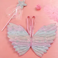 Party Favor kids wings glitter star magic wands fancy dress cosplay fairy gradient color butterfly wing tassel sequins wand pink