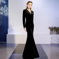 2019 rilievo Velvet sirena dei vestiti da sera con maniche lunghe nero di modo promenade di sera abiti lunghi abiti partito formale