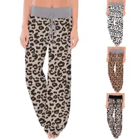 2020 Mujeres Pantalones para mujer de estiramiento cómodo del estampado leopardo de pierna ancha con cordón Pantalones de mujeres asiáticas Tamaño
