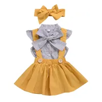 Baby Girls Dot с коротким рукавом футболки с луком + юбка подвеска + повязка на повязку 3шт / набор вечеринка платье Летняя одежда детская бутическая одежда