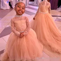 High Neck Flower Girls' Dresses Crystal Beaded Lace Little Girl Long Sleeves Pageant Ball Gown 2020 Custom Made Birthday Party Formal Wear