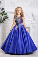 Bonito Royal Lace Azul Appliqued Flor Flor Menina Vestido Vintage Menina Aniversário Prédio Preto Vestido de Noiva Formal Vestidos
