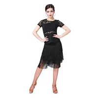 New Fashion Women Dance Clothes Salsa Samba Wear Class Dress Short Sleeves Spandex Top Lace Latin Costume Fringe Skirt