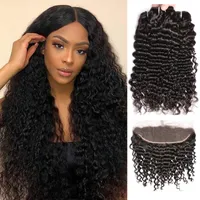 8A Grade Brasilianska Deep Curly Wave Weaves Mänskliga hårbuntar med 13x4 Lace Frontal Virgin 10-30INch Djup Curly Human Hair Hair Extension