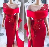 Red Sheath Split Prom Dresses Lace Applique Pearls Evening Gowns Custom Formal Party Dress Plus Size Celebrity Gowns robes de soirée