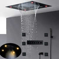 럭셔리 가장 완전한 매트 블랙 샤워 세트 은폐 천장 큰 강우 LED 샤워 헤드 폭포 안개가 자욱한 온도 조절 목욕 시스템