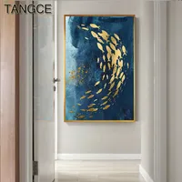 Abstract Gold Fish Chinese lienzo pintura grande azul cartel impresión lujoso arte de la pared para la sala de estar Aisle Gold Tableaux