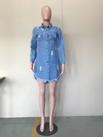 Модная женская хипхоп Джинсовая голубая женская рубашка платье весна осень разорванные джинсы кисточка дизайнерские платья
