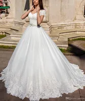 2019 appliques kant een lijn trouwjurken elegante v-hals tule bruidsjurken korte mouw kralen sjerp goedkope trouwjurk vestidos de novia