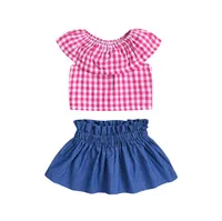 2019 niños ropa de verano nueva ropa niños niñas traje de diseño de hoja de loto falda de la tapa del borde del enrejado + cordón de la ropa del bebé de BY1007