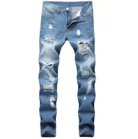 Jeans de style européen de luxe hommes de luxe Denim pantalon zippé patchwork slim blue trou jeans pour hommes