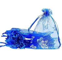 100 unids / lote Blue Butterfly Organza Bolsas de regalo de boda Bolsas de embalaje 7x9cm Joyería embalaje