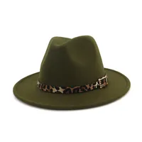 2019 lana sombrero de fieltro de ala Panamá Jazz sombreros con el cinturón de leopardo plana Brim formal del partido y de la etapa del sombrero de copa para los hombres de las mujeres unisex