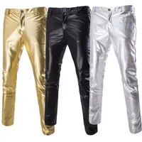 Pantalones de motociclista de cuero sintético para hombres Pantalón de aspecto mojado Pantalones Metallic Shiny Slim Fashion