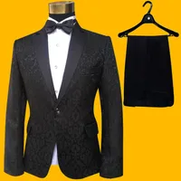 Blazer in pizzo ricamato set completo di abiti da uomo con pantaloni da uomo, abiti da cerimonia cantante, abbigliamento formale, abito nero