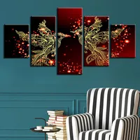 Decoración para el hogar Impresión en lienzo HD de 5 piezas Rojo y dorado Love Birds Fotos Dormitorio Cartel de arte de pared romántico (Sin marco)