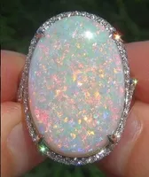 Duży 925 Solid Sterling Silver Ring Natural Gemstone Fire Opal Diamond Zaręczyny Wesele Kobiety Moda Biżuteria