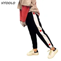 Nyoolo New Streetwear Primavera Outono Amor Bordado Costura Mid Elastic Cintura Hip-hop Longo Lápis Calças Mulheres / homens Calças Y19070101