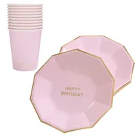10pcs/set Gold Foil Pink Disposable Tableware Christmas New Year Party Paper Plates Cups Birthday Party Supplies Plastic Straws