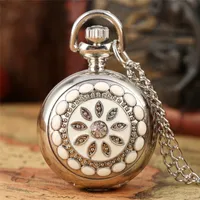 Mode Silver Flower Design Garde de poche Femmes Quartz Montres Analoges Collier Chaîne Mini Taille Case Horloge Reloj de Bolsillo
