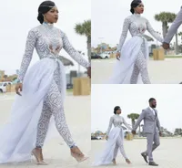 Gorgeous Jumpsuits With Detachable Train Wedding Dress High Neck Beads Crystal Long Sleeves Modest Wedding Dresses African Bridal Gowns