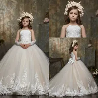 Lovely Ball Gown Flower Girl Dresses Jewel Long Sleeve Lace Applique Crystal Bow Pearls Pageant Dress Floor Length Girl's Birthday Party