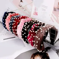 Мода женщины жемчуг Бархатные ободки марочные бисера Knotted Hairband модные дамы милые аксессуары для волос Бесплатная доставка