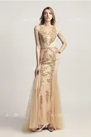 LX296 Gold Luxury Tulle Prom Dresses Mermaid Beaded Floor Length Formal Evening Occasion Party Gown Fast Shipping