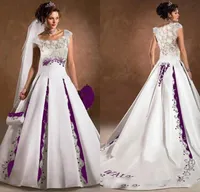Purple And White Wedding Dress A Line Satin Lace Embroidery Court Train 2019 Luxury Capped Sleeves Scoop Bridal Wedding Gowns