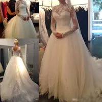 긴 소매 높은 목 레이스 아플리케 법원 기차 신부 가운을 가진 2019 년 빈티지 긴 웨딩 드레스