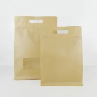 10pcs big measurements brown Kraft paper packaging standing bag with clear window and handle coffee bags eight side sealing pouches