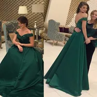 2020 Nieuwe Arabische Dubai Moslim Stijl Avondjurk Emerald Groen Een lijn Beaded Off Shoulder Sexy V-hals Robe de Soiree Prom Dresses 2018