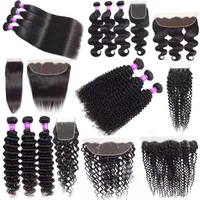Cabelo Humano 9A baratos brasileira Weave Pacotes com fecho onda profunda Kinky Curly Hair Extensions Virgin Pacotes Cabelo Com 13x4 Lace frontal